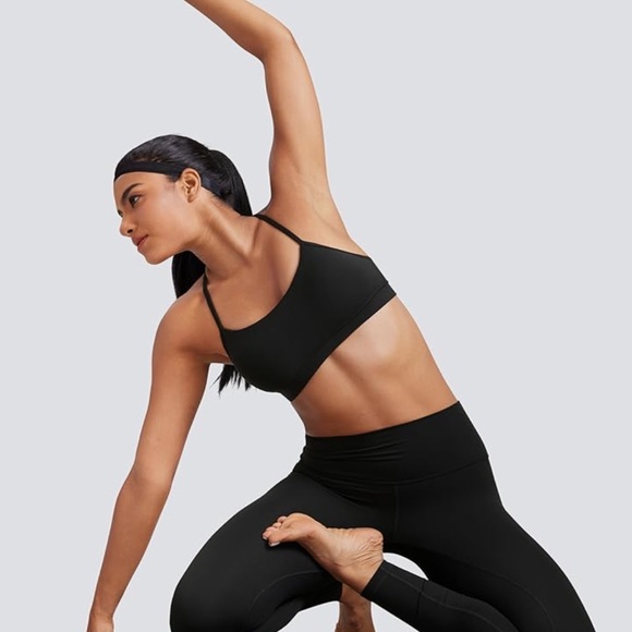 CRZ YOGA - Black Padded Racerback Low Impact Spaghetti Thin Strap Sports Bra - Picture 2 of 5